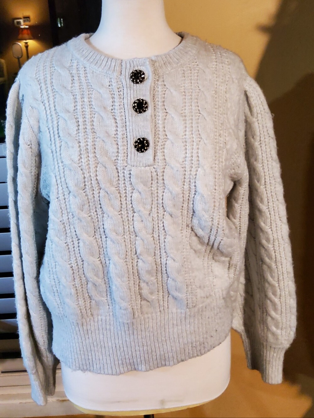 Elie Tahari Pale Blue-Grey Cable-Knit Button Placket Henley Sweater